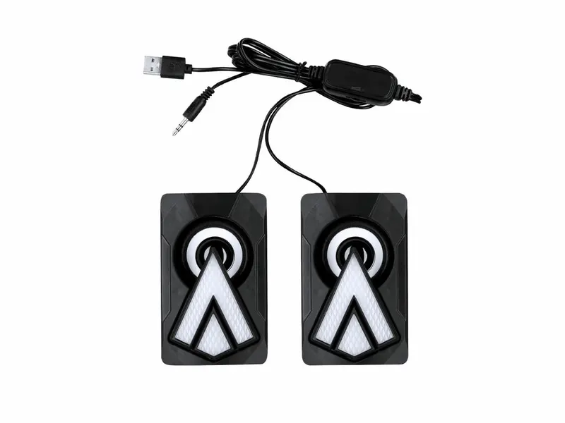 Altavoces gamer Alan con luces led USB en negro, vista frontal