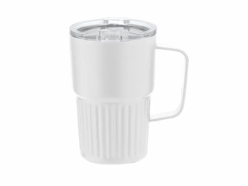 Taza térmica de acero reciclado Finbar 400 ml biselada en blanco de acero inox reciclado, vista frontal