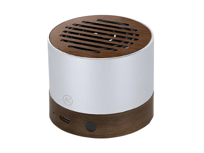 Altavoz Bluetooth de aluminio reciclado y madera Kolin en plateado de aluminio reciclado/ madera, vista frontal