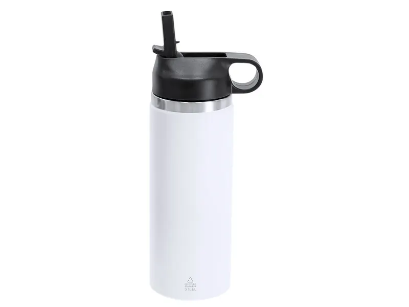 Botella térmica reciclada Gomery 500 ml con pajita en blanco de acero inox reciclado, vista frontal