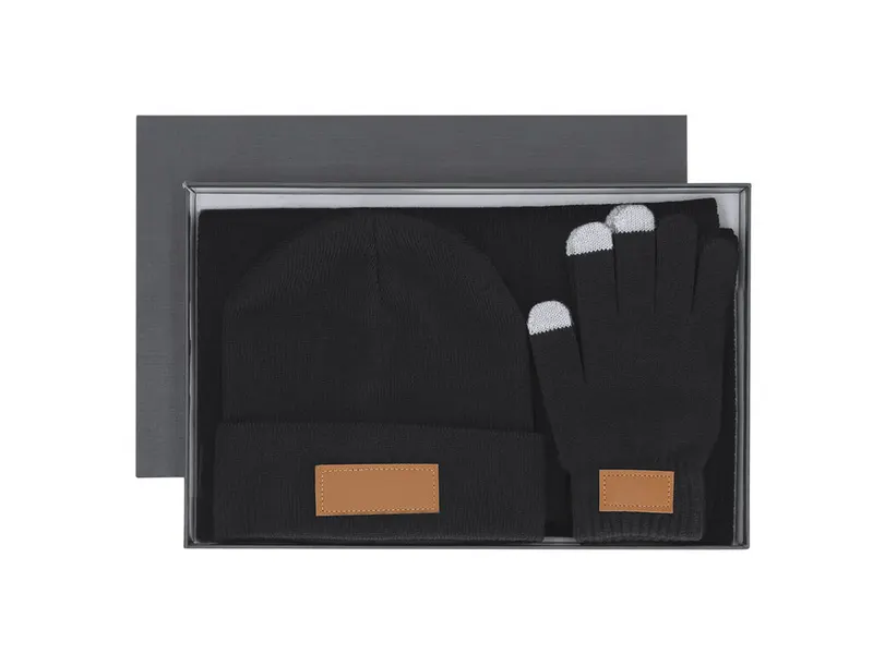 Set de gorro, bufanda y guantes táctiles en caja Hibbert en negro de acrílico, vista frontal