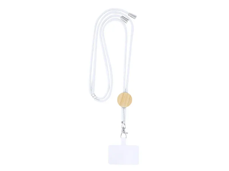 Lanyard de algodón Thorne con soporte para móvil y bambú en blanco de algodón/ bambú, vista frontal