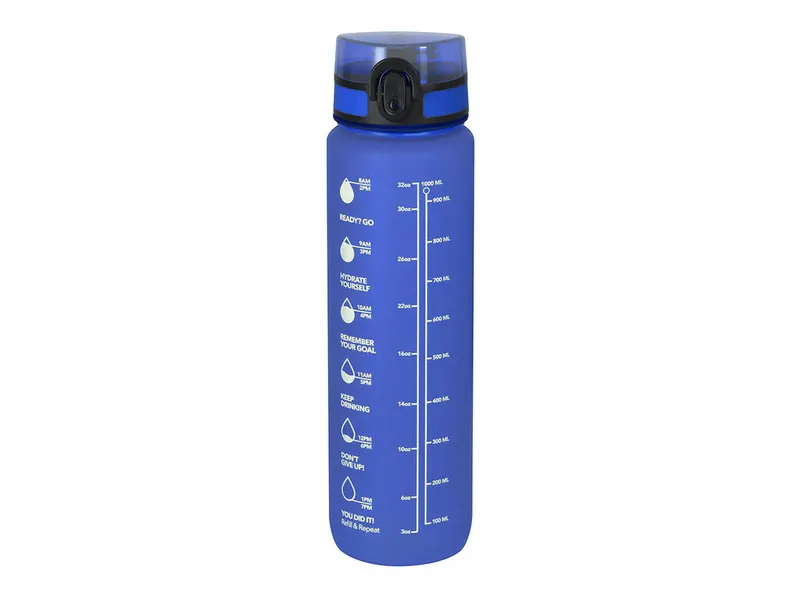 Bidón de RPET Trarun 1 l con indicador de capacidad en azul de RPET, vista frontal