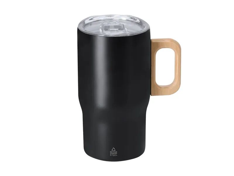 Taza térmica de acero reciclado Zaran 400 ml asa de madera en negro de acero inox reciclado/ madera, vista frontal