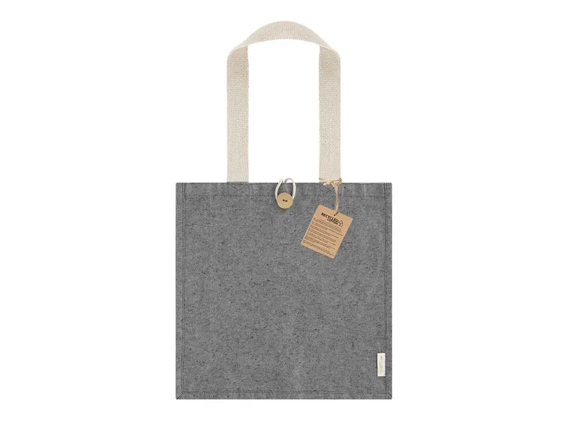Bolsa de algodón reciclado Brotax 300 g con botón madera en negro de algodón reciclado/ poliéster RPET 300 g/ m2, vista frontal