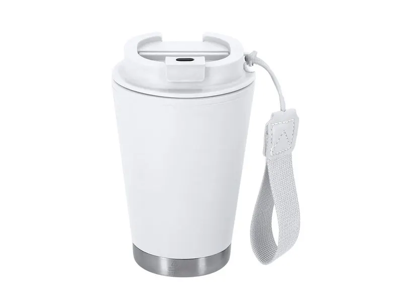 Vaso térmico de acero y PP reciclados Acuma 300 ml con asa en blanco de PP reciclado/ base acero inox reciclado, vista frontal