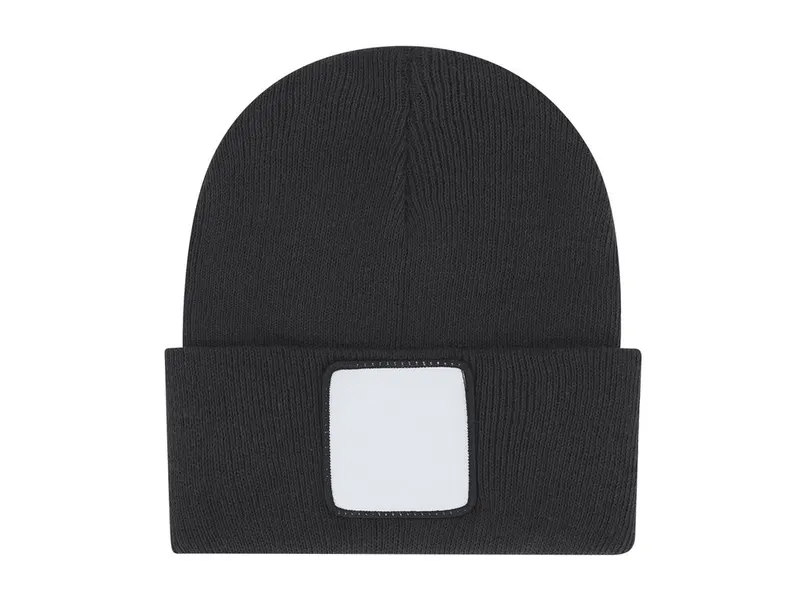 Gorro de punto Tigar con parche frontal para sublimar en negro de acrílico, vista frontal