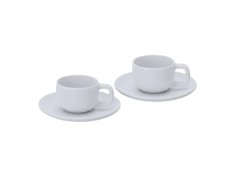 Set tazas espresso Freyat 85 ml con plato en blanco de cerámica, vista frontal