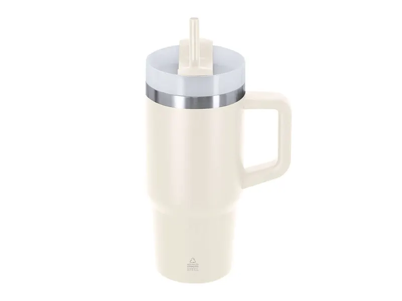 Taza térmica reciclada Gobby 450 ml con pajita en natural de acero inox reciclado, vista frontal