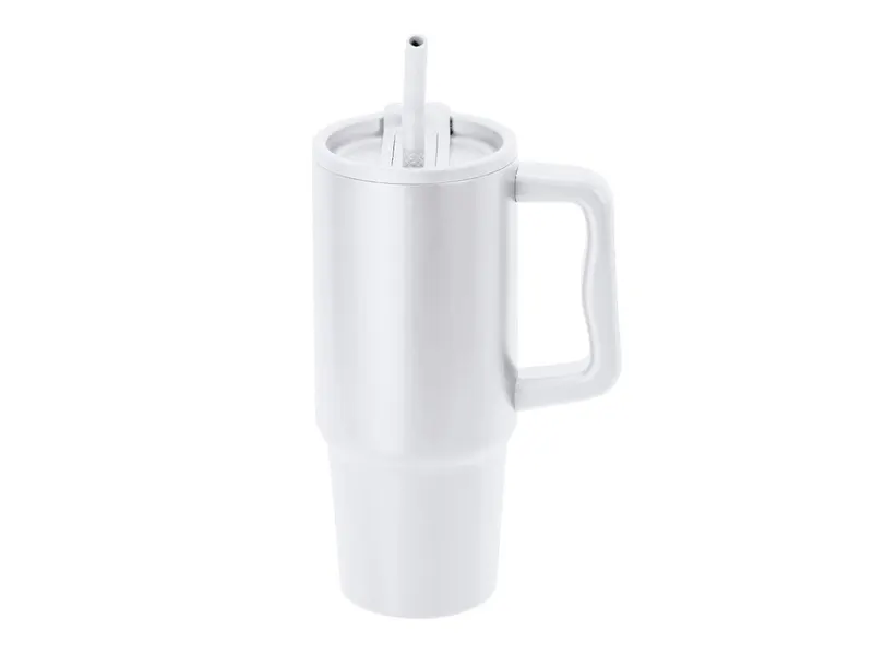 Taza térmica reciclada Yukon 900 ml con pajita en blanco de acero inox reciclado, vista frontal