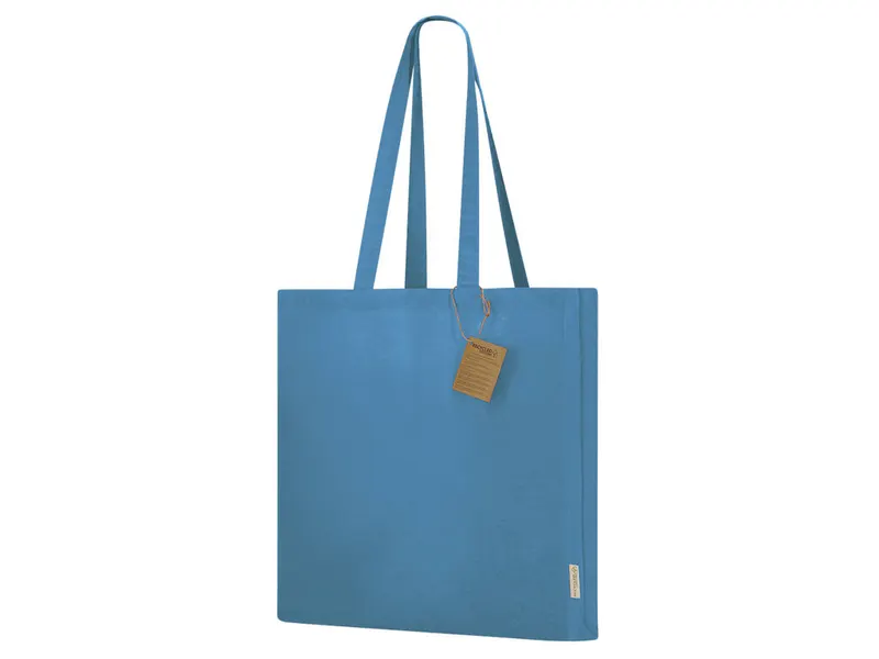 Bolsa de algodón reciclado Lovarin 140 g con fuelle y 8 kg en azul claro de algodón reciclado/ poliéster RPET 140 g/ m2, vista frontal