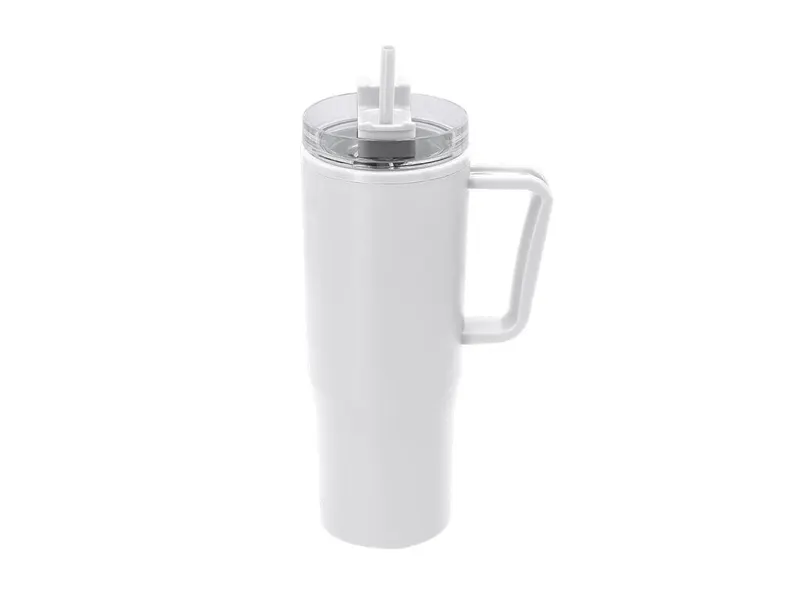 Jarra térmica de PP reciclado Gabrion 900 ml con pajita en blanco de PP reciclado, vista frontal