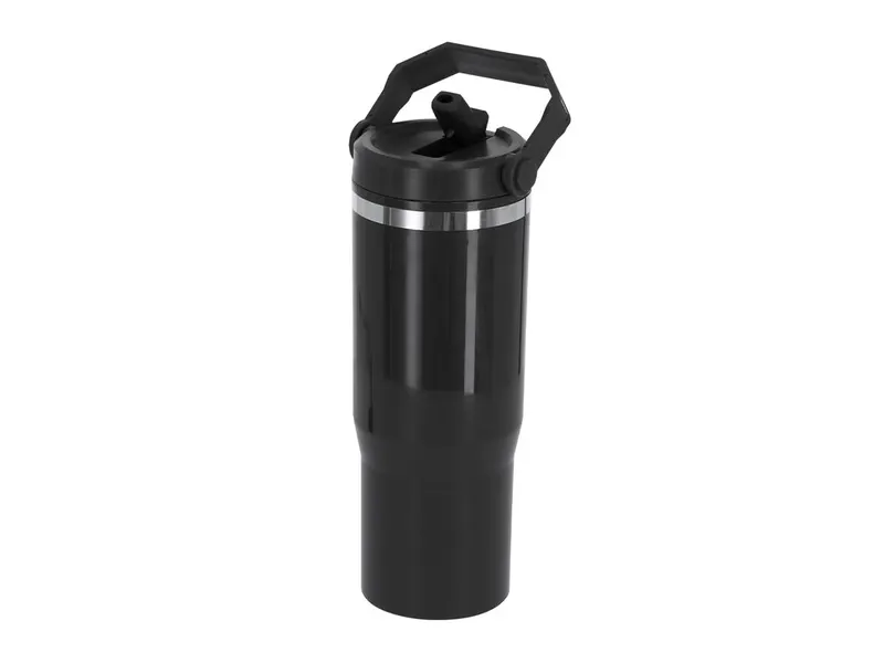 Vaso térmico de PP Bastien 900 ml con pajita y asa en negro de PP, vista frontal