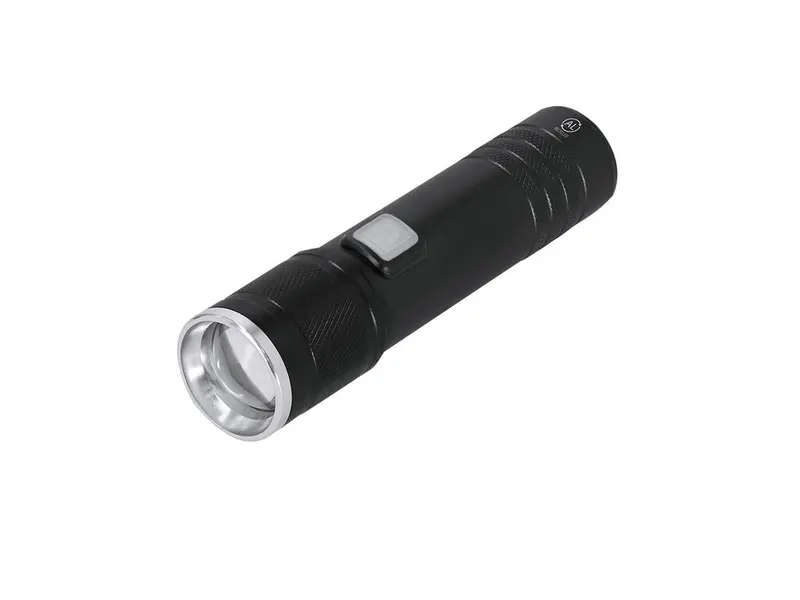 Linterna recargable COB Benyor con zoom de aluminio en negro de aluminio reciclado, vista frontal