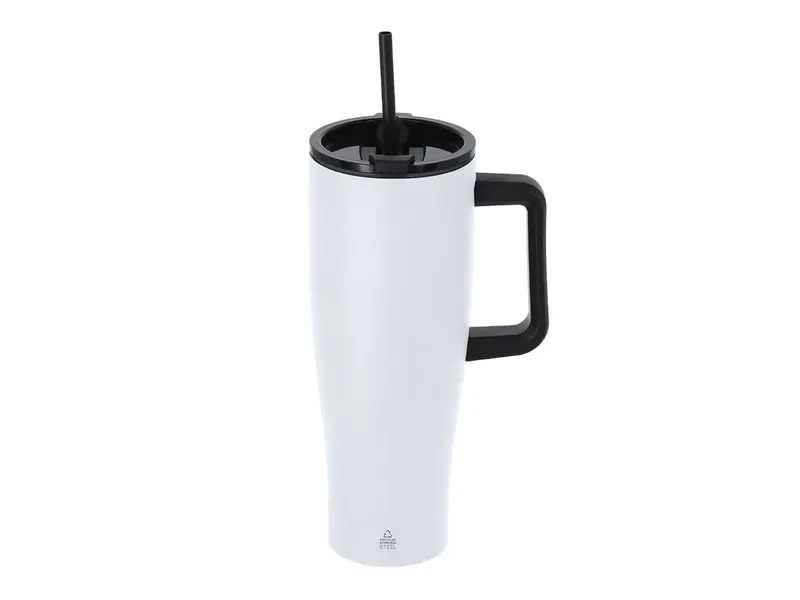 Jarra térmica reciclada Leandrok 1,2 l con pajita en blanco de acero inox reciclado, vista frontal