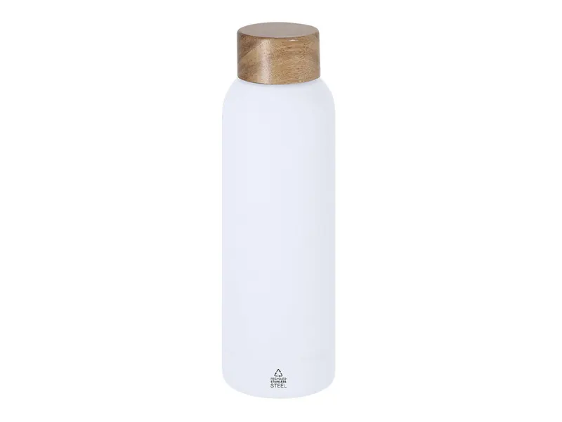 Bidón de acero reciclado Cosmix 700 ml tapón de acacia en blanco de acero inox reciclado/ acacia, vista frontal