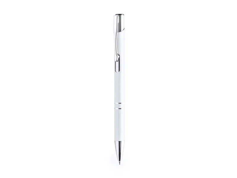 Bolígrafo de aluminio Cedris pulsador tinta negra en blanco de aluminio, vista frontal