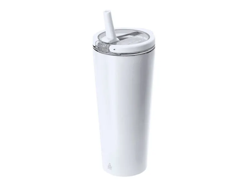 Vaso térmico de acero reciclado Calten 700 ml con pajita en blanco de acero inox reciclado, vista frontal