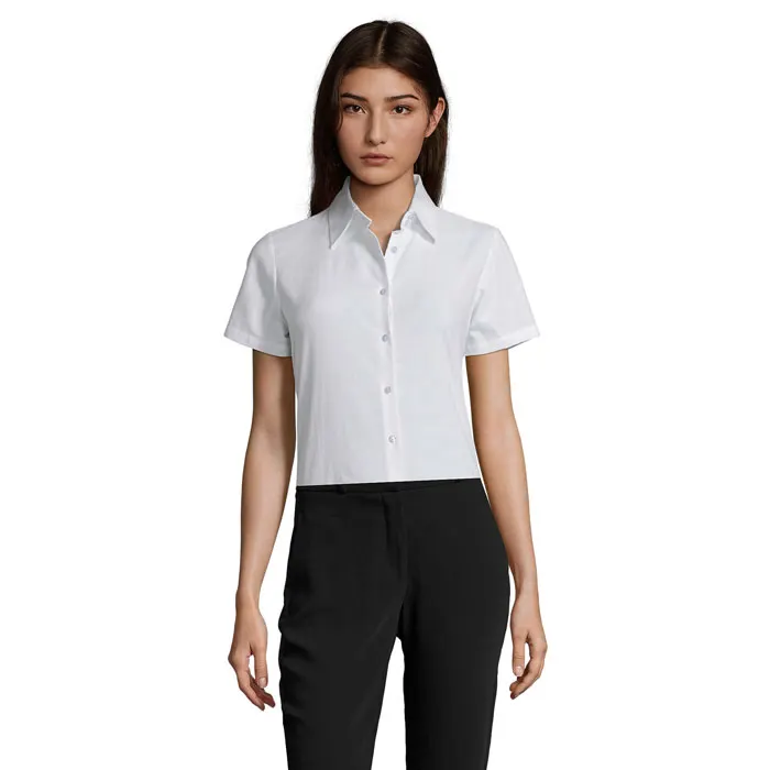 Camisa ceñida manga corta polialgodón Elite mujer en blanco de algodón, vista frontal