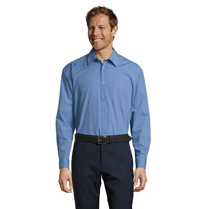 Camisa popelín corte recto manga larga Baltimore hombre en azul medio de PET, vista frontal