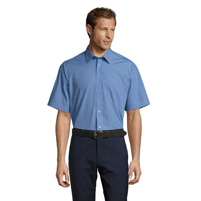 Camisa popelín corte recto manga corta Bristol hombre en azul medio de PET, vista frontal