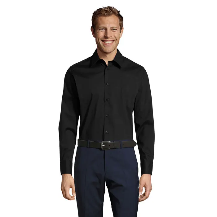 Camisa de algodón elastano Brighton 140 g manga larga hombre en negro de algodón, vista frontal