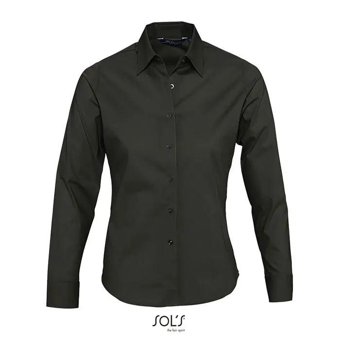 Camisa stretch de algodón elastano Eden manga larga mujer en negro de algodón, vista frontal