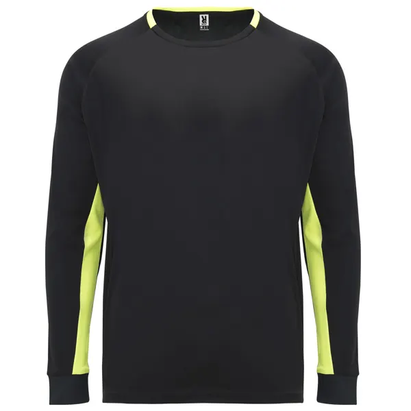 Camiseta deportiva manga larga Porto con coderas 160 g en negro/ amarillo fluor de 100% poliéster, 160 g/m², vista frontal