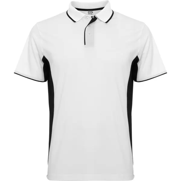 Polo técnico bicolor de piqué Montmelo 150 g con paneles en blanco/negro de 100% poliéster piqué, 150 g/m², vista frontal