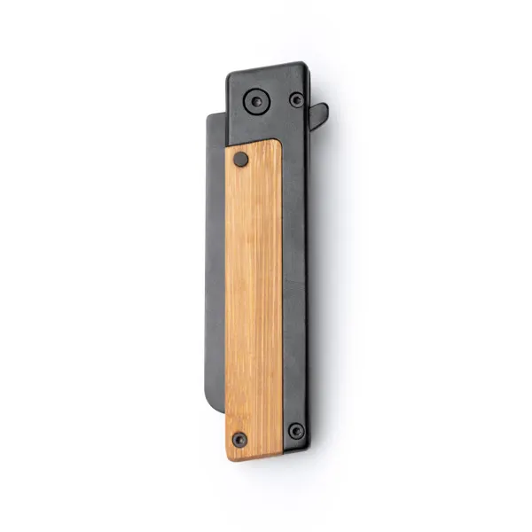 Navaja de acero inoxidable Aster negro mate con clip en crudo de bambú, acero inoxidable, vista frontal