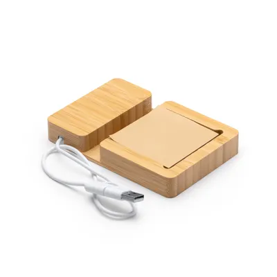 Hub USB de bambú Mariel con soporte y bloc de notas personalizable