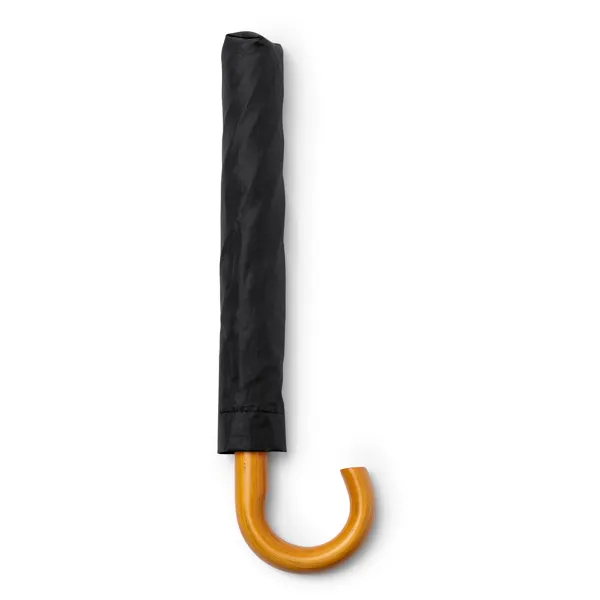 Paraguas de RPET Kodiak mango de madera automático en negro de RPET y madera, vista frontal
