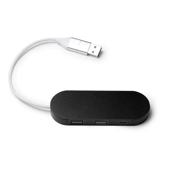 Hub USB de aluminio reciclado Dorian 3 puertos en negro de aluminio reciclado, vista frontal