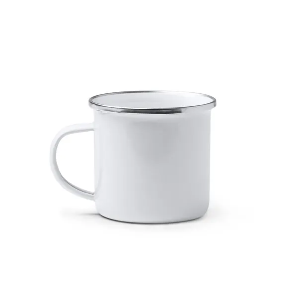 Taza metálica esmaltada retro Cardif 380 ml en blanco de metal, vista frontal