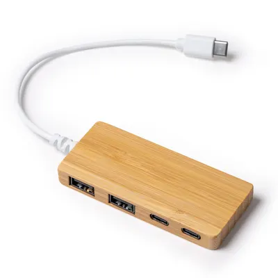 Hub USB de bambú Pablek 4 puertos cable integrado personalizable