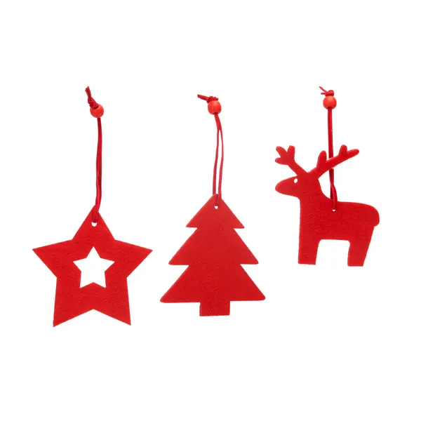 Set Carol de 3 adornos navideños de fieltro en rojo de poliéster, vista frontal