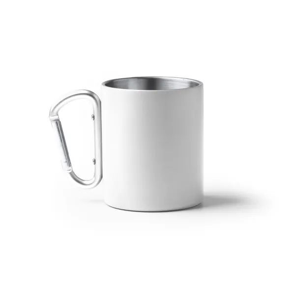 Taza de acero reciclado Nasik 300 ml con mosquetón en blanco de acero inoxidable reciclado, vista frontal
