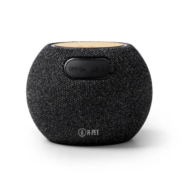 Altavoz Bluetooth redondo Bandini 5 W carga inalámbrica en negro de bambú y poliéster reciclado RPET, vista frontal