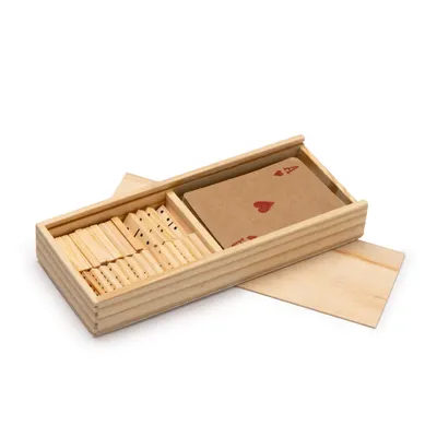 Set de baraja y dominó en caja de madera personalizable