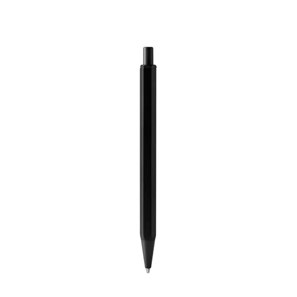 Bolígrafo hexagonal metálico carga jumbo Firmus en negro, vista frontal