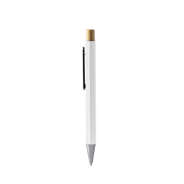 Bolígrafo hexagonal metálico pulsador bambú Salom en blanco de bambú, vista frontal