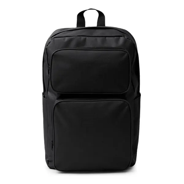 Mochila de RPET Hostik 600D con doble bolsillo frontal en negro de RPET, vista frontal