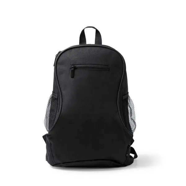Mochila de RPET Bamba 300D con bolsillos microperforados en negro vigore de RPET, vista frontal