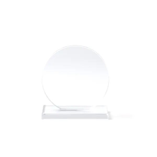 Trofeo de cristal Garay circular y estuche, grabado 70 mm en transparente de cristal, vista frontal