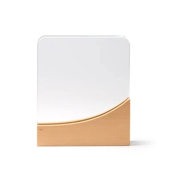Trofeo de cristal Kuder rectangular con base de madera en transparente de cristal y madera, vista frontal