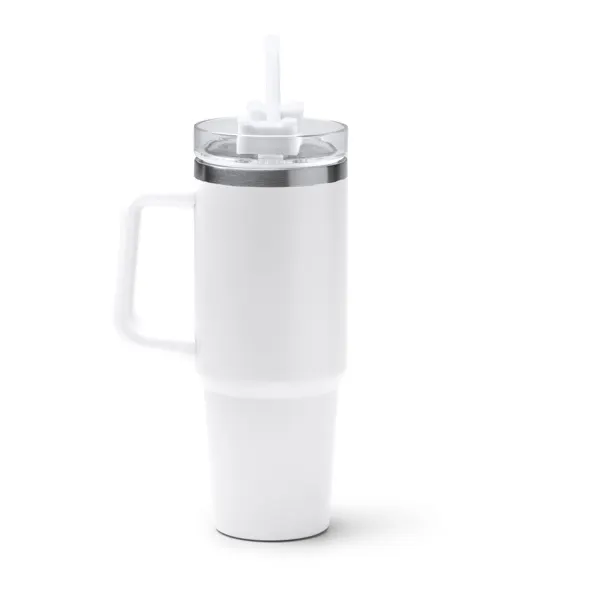 Taza térmica de acero reciclado Kranston con pajita 870 ml en blanco de acero inoxidable reciclado, vista frontal