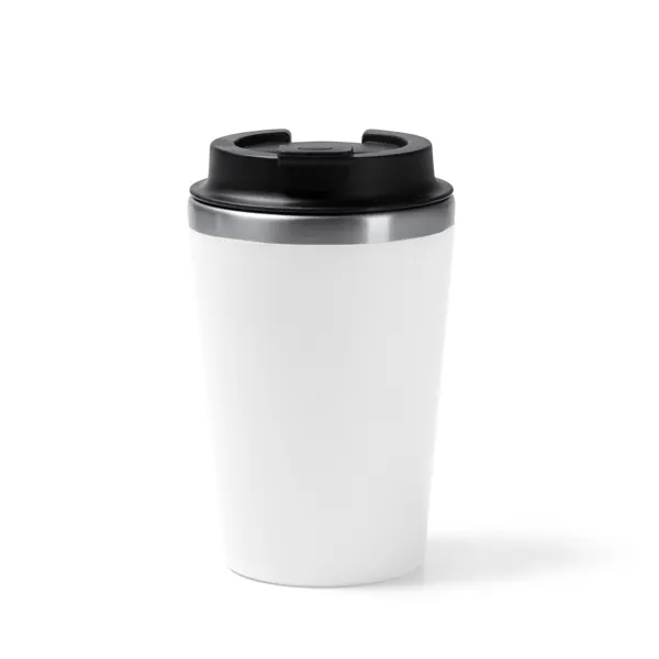 Vaso doble pared de acero y PP Horan con dosificador 350 ml en blanco de acero inoxidable y PP, vista frontal