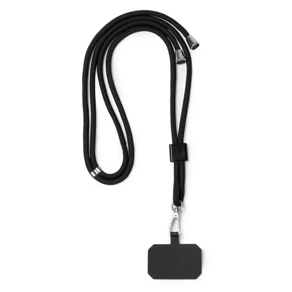 Lanyard portamóvil de RPET Suki con mosquetón en negro de poliéster reciclado, vista frontal