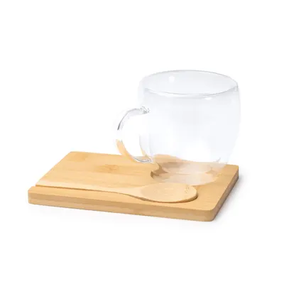 Set taza de cristal con posavasos y cuchara personalizable