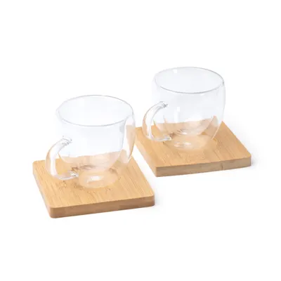 Set 2 tazas de café de cristal con posavasos personalizable